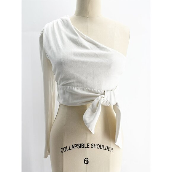 FREE PEOPLE 'Carmen' Long Puff Sleeve One Shoulder White Crop Top size Small - Picture 2 of 12